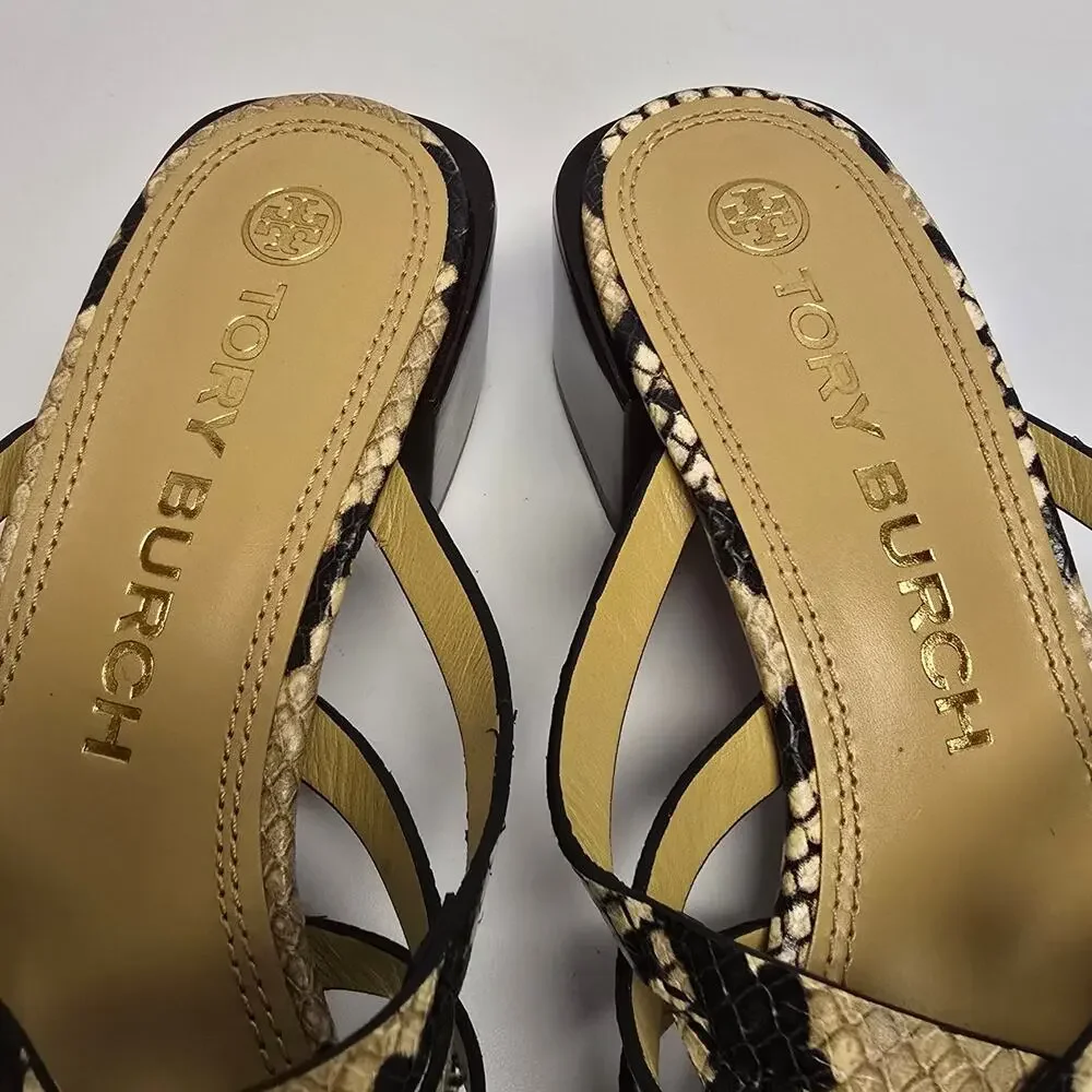 Tory Burch Slip On Sandal Mule Basket Weave Snakeskin Print Block Heel Multi 9